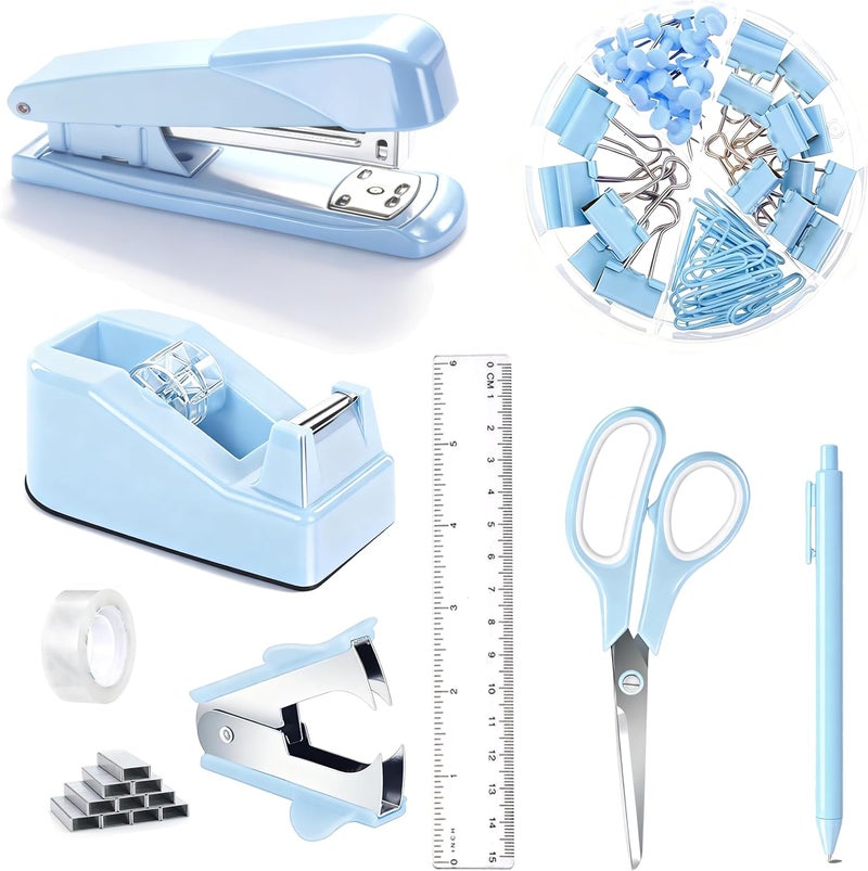 Dimonluce Blue Desk Accessories, Blue Office Supplies Accessories with Tape Dispenser, Stapler, Staple Remover, 1000 Staples, Tape, Clips Set, Ruler, Scissor, Pen - Image 1